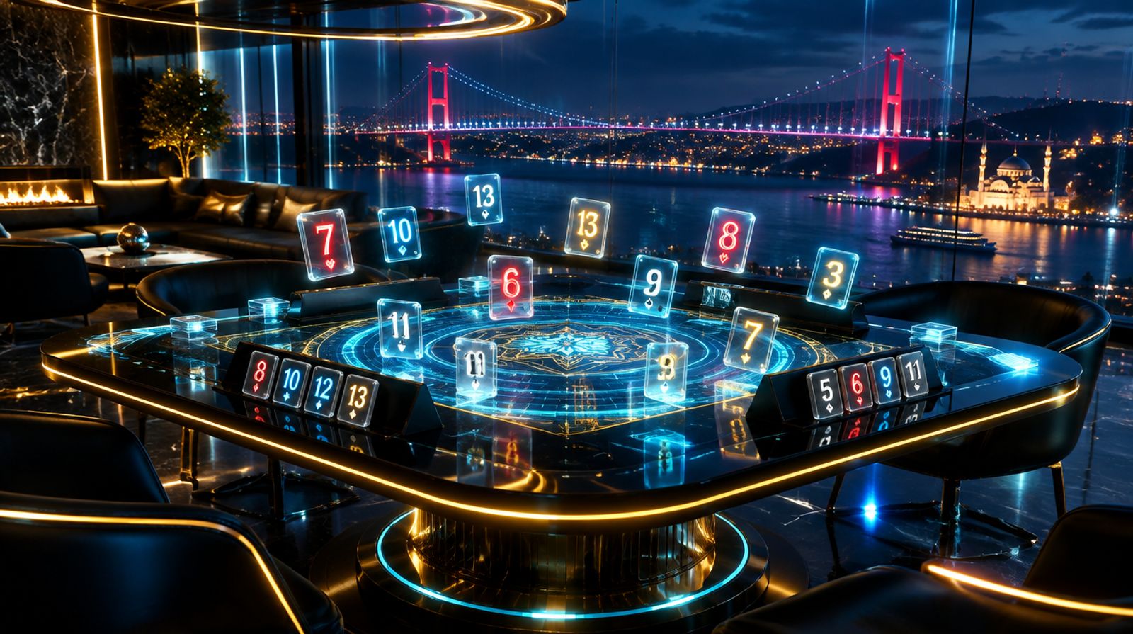 Boğaz manzaralı fütüristik oyun salonunda okey masası